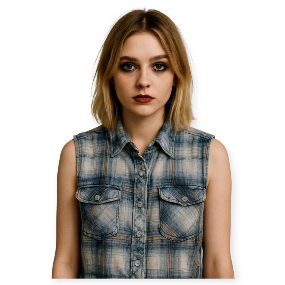 Grunge 90s Vintage Plaid Sleeveless Cropped Button-Up Shirt by Resito Size M